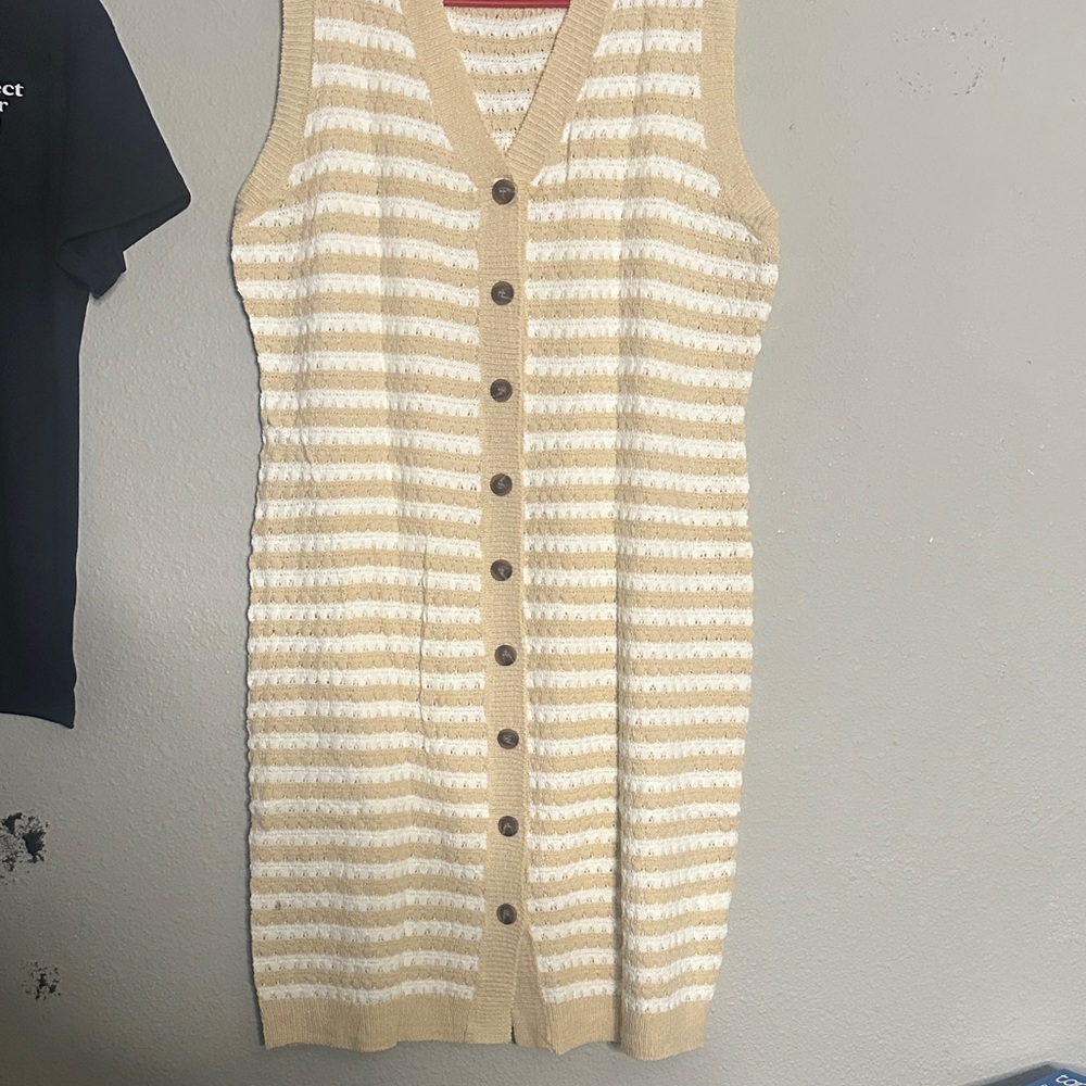 Striped Tan and White Button-Up Dress